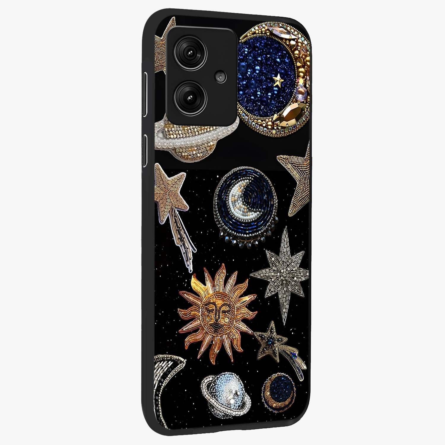 Celestial Gem Constellations Glass Case upright view showcasing cosmic constellation artwork with celestial aesthetic style.