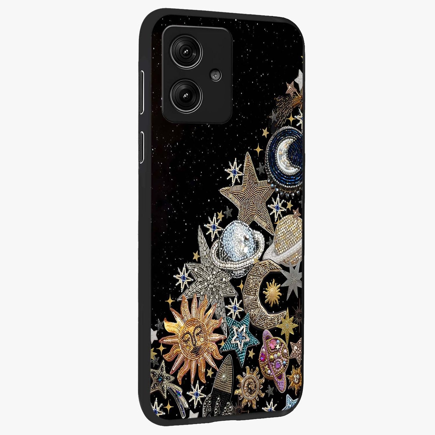 Cosmic Sparkle Dreams Glass Case upright view showcasing glowing cosmic artwork with magical galaxy theme.