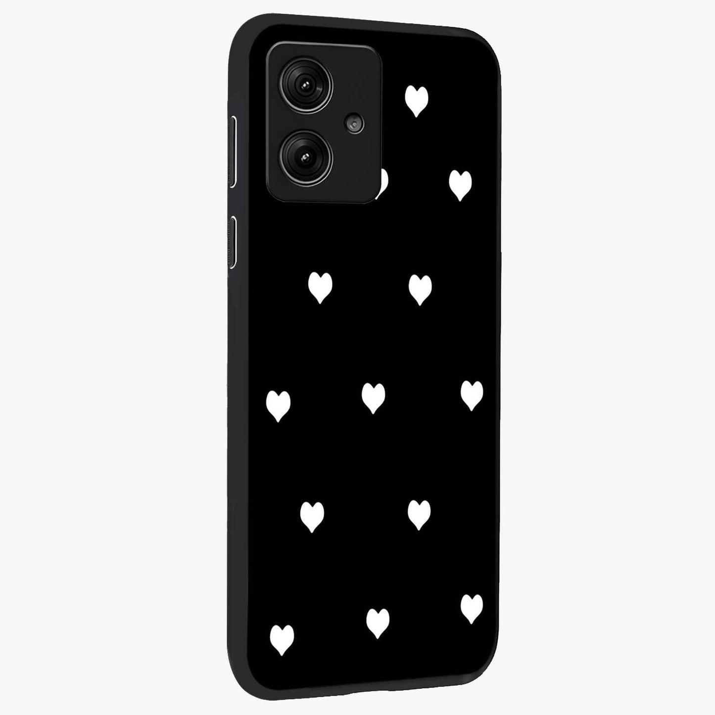 Cute And Simple White Hearts Glass Case upright view showcasing simple white hearts artwork with soft minimal theme.