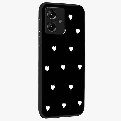 Cute And Simple White Hearts Glass Case upright view showcasing simple white hearts artwork with soft minimal theme.