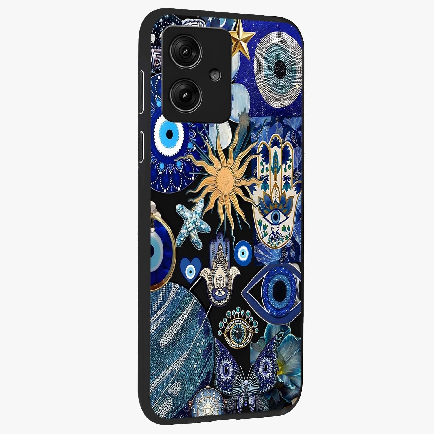 Evil Eye Charm Mix Glass Case upright view showcasing mystical evil eye pattern with vibrant decorative style.