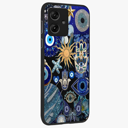 Evil Eye Charm Mix Glass Case upright view showcasing mystical evil eye pattern with vibrant decorative style.