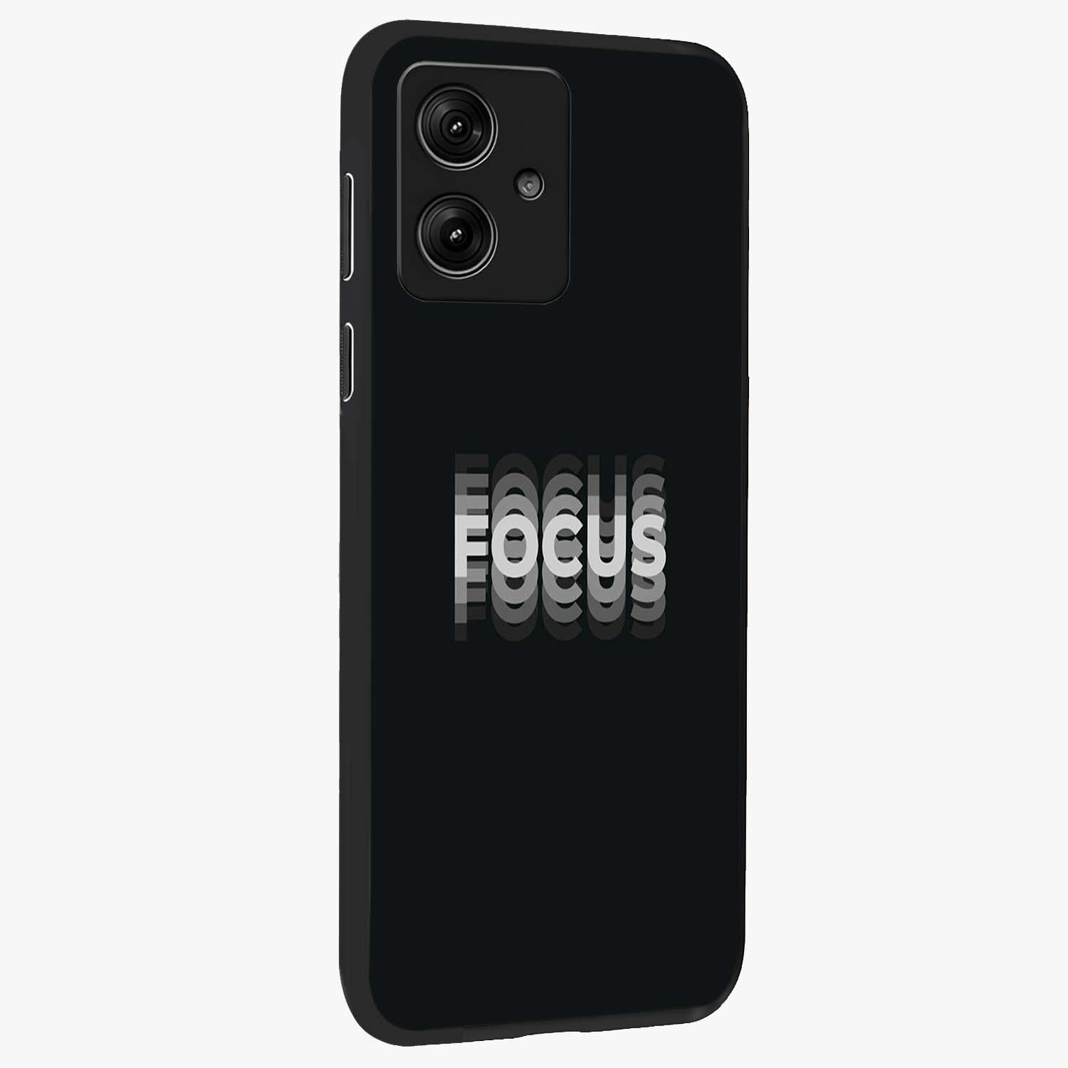 Focus Mode On Glass Case upright view showcasing strong typography statement with sleek motivational theme.