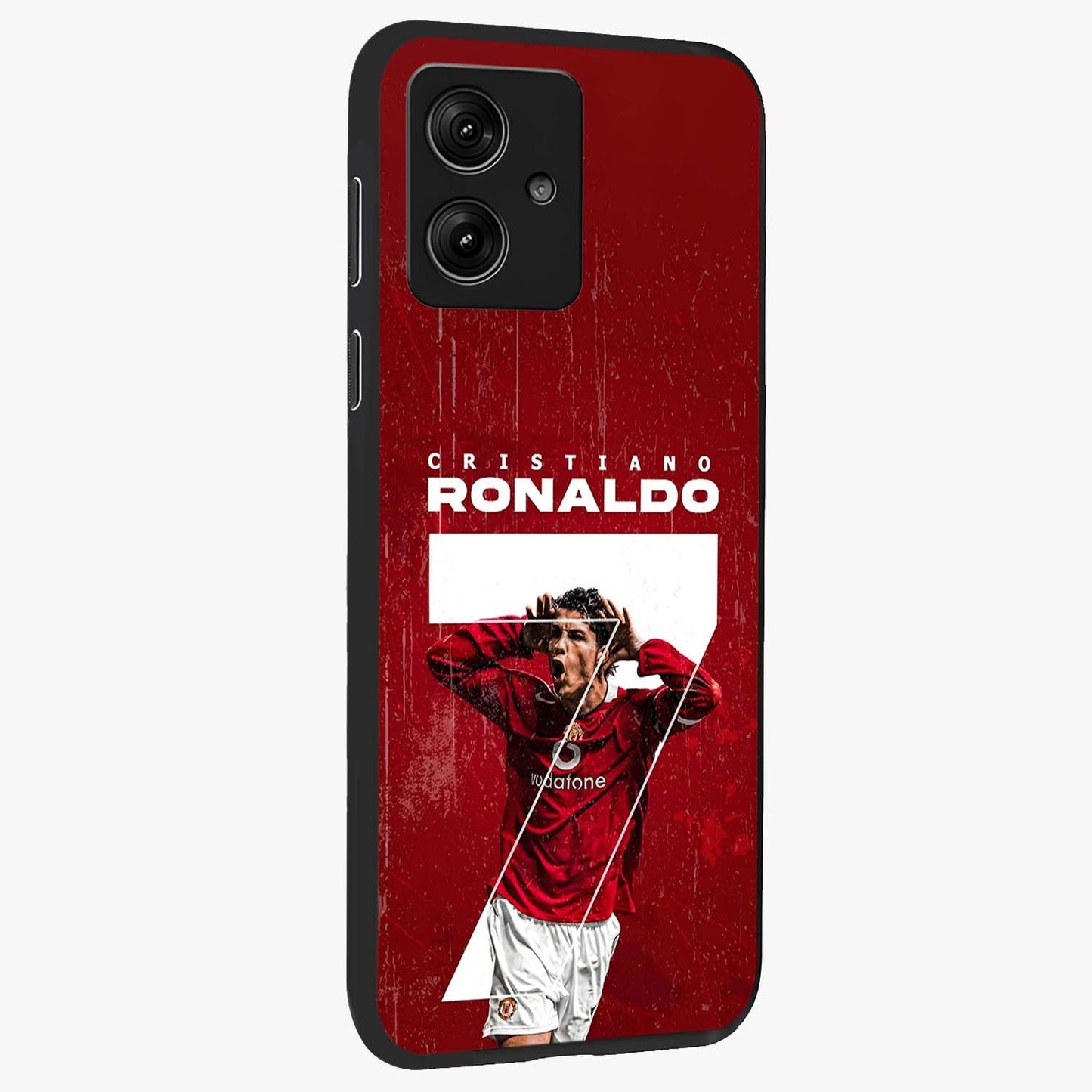 Goal Celebration Legacy Glass Case upright view showcasing dynamic football inspired artwork with victory celebration aesthetic.