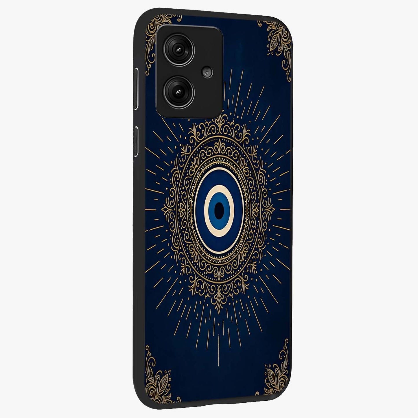 Golden Celestial Charm Glass Case upright view showcasing radiant celestial artwork with elegant golden theme.