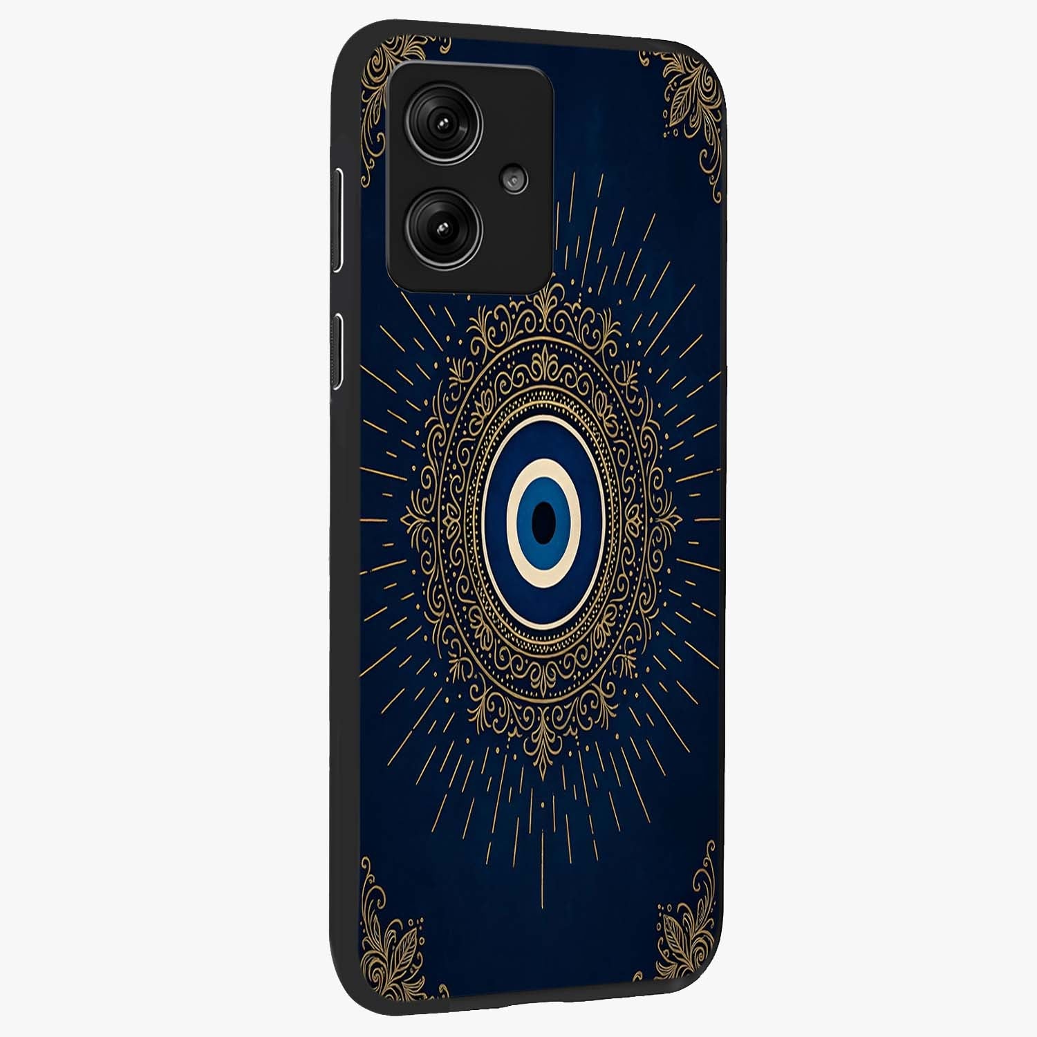 Golden Celestial Charm Glass Case upright view showcasing radiant celestial artwork with elegant golden theme.