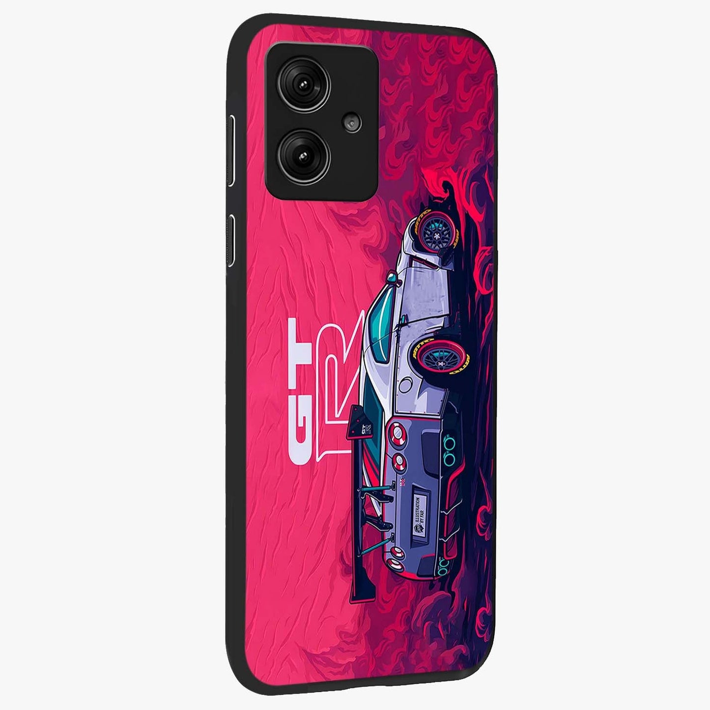 GT-R Car Pattern Glass Case upright view showcasing dynamic car pattern artwork with modern sports theme.