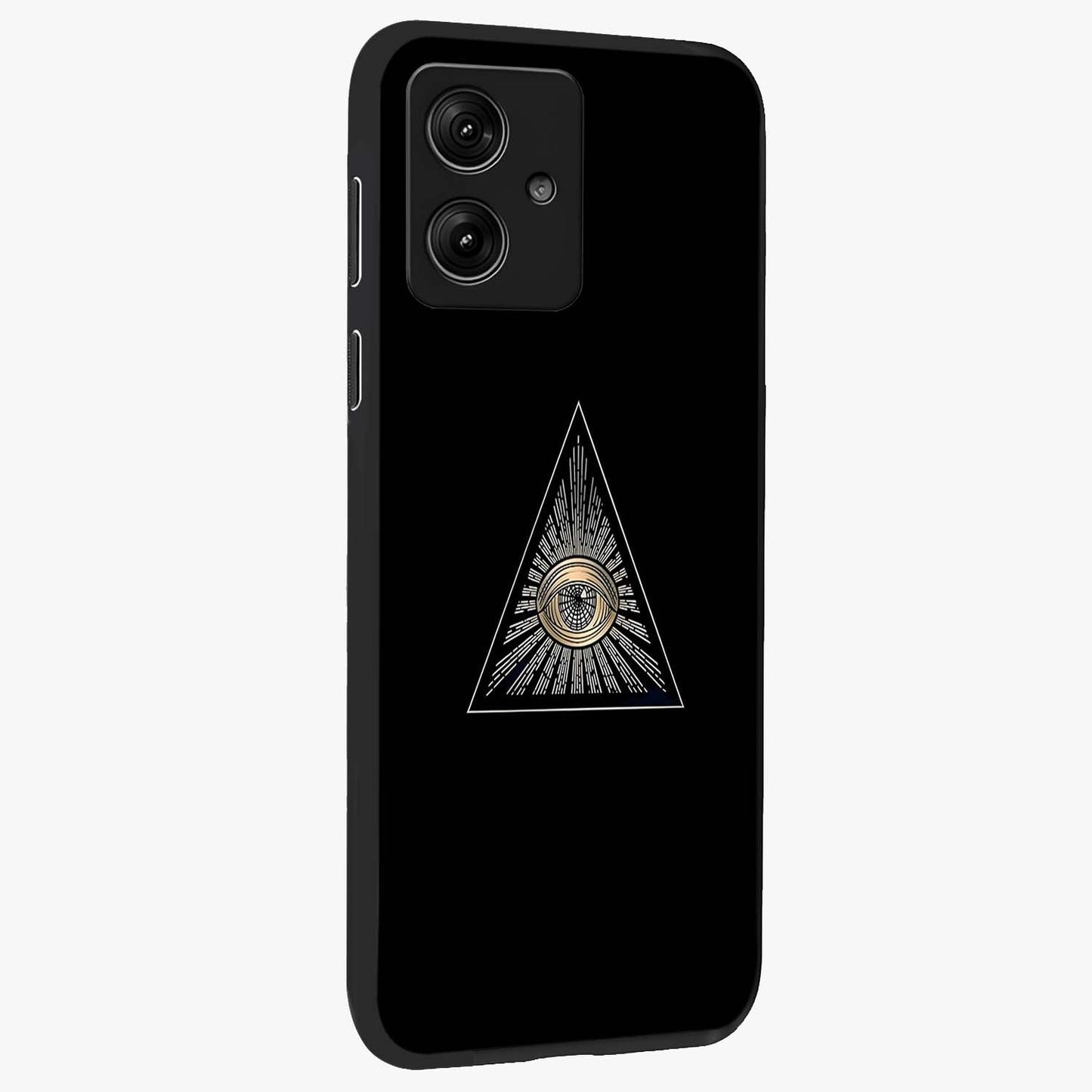 Illuminati Evil Glass Case upright view showcasing striking illuminati artwork with mysterious symbolic theme.