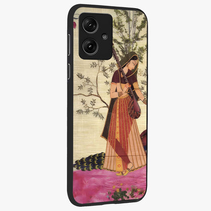 Lady With Veena Art Glass Case upright view showcasing classical veena artwork with traditional artistic theme.
