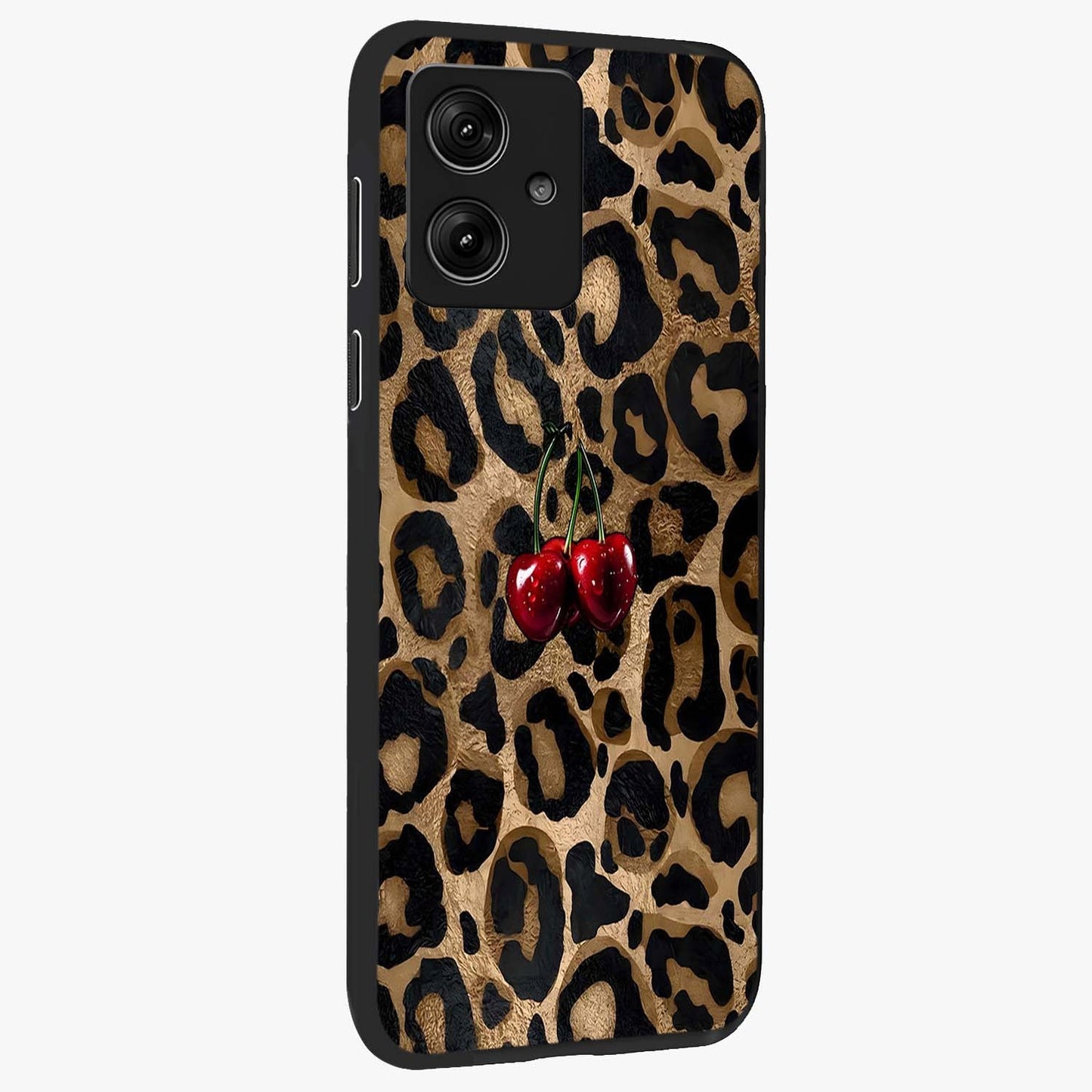 Leopard Wild Cherry Glass Case upright view showcasing stylish leopard pattern artwork with trendy fashion theme.