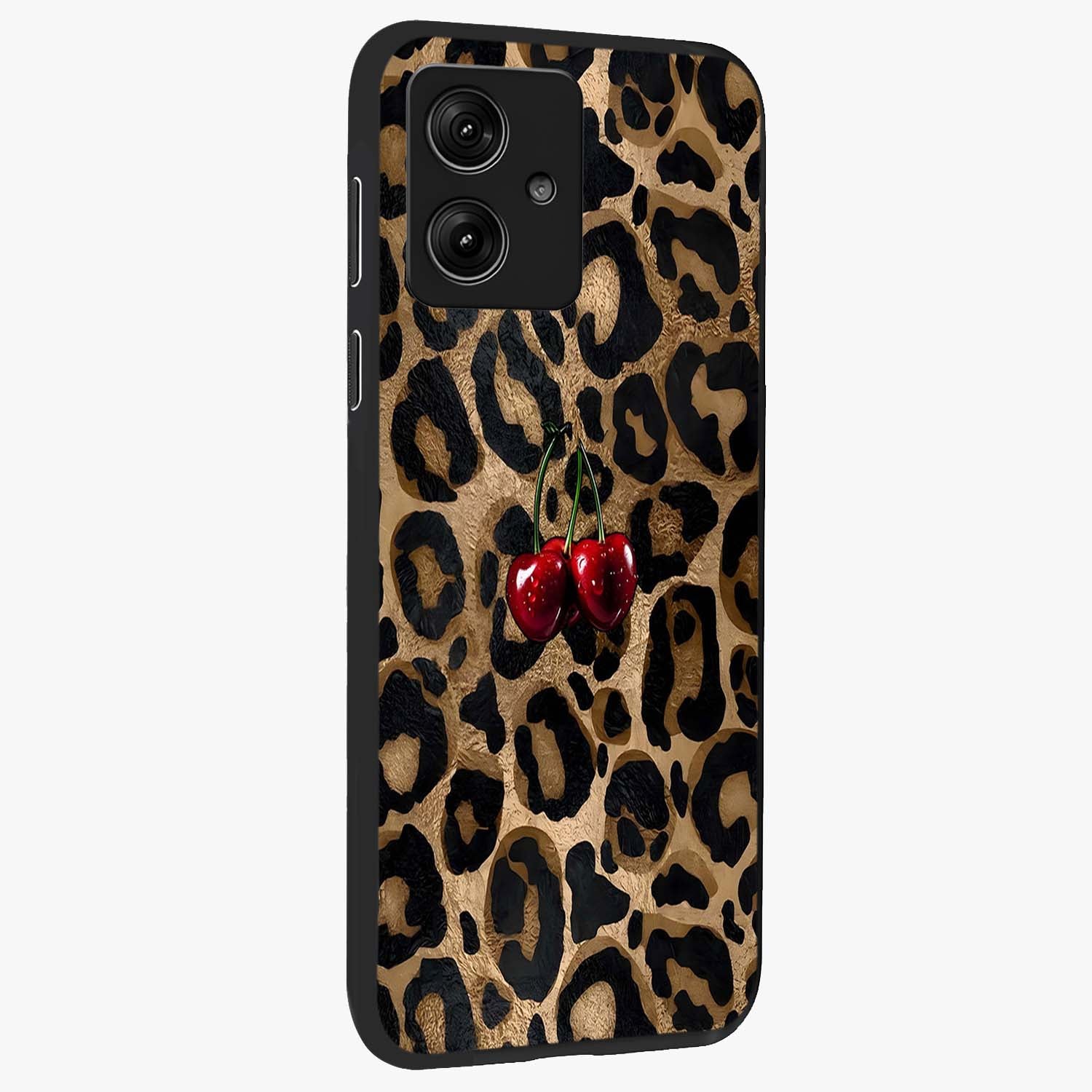 Leopard Wild Cherry Glass Case upright view showcasing stylish leopard pattern artwork with trendy fashion theme.