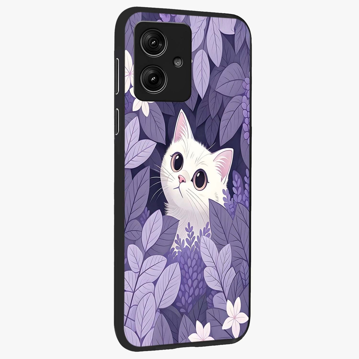 Lilac Hide Peek Cat Glass Case upright view showcasing charming cat artwork with adorable peek theme.