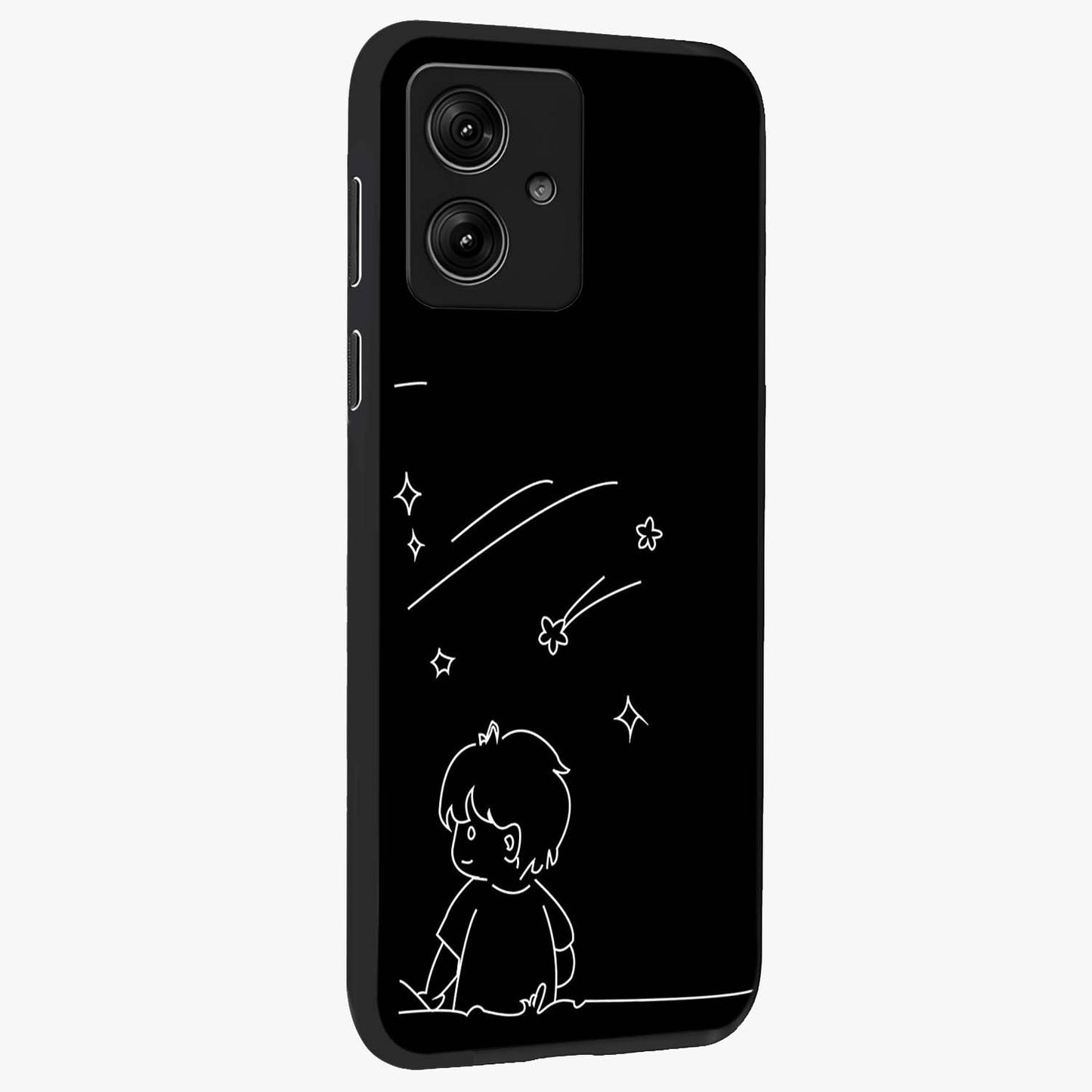 Line Art Boy With Shooting Stars Glass Case upright view showcasing artistic shooting star illustration with minimal style.