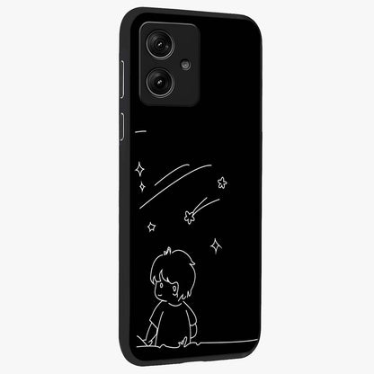 Line Art Boy With Shooting Stars Glass Case upright view showcasing artistic shooting star illustration with minimal style.