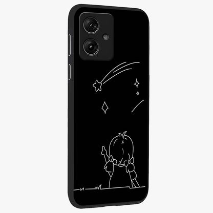 Line Art Girl With Shooting Stars Glass Case upright view showcasing delicate shooting stars artwork with minimal artistic theme.