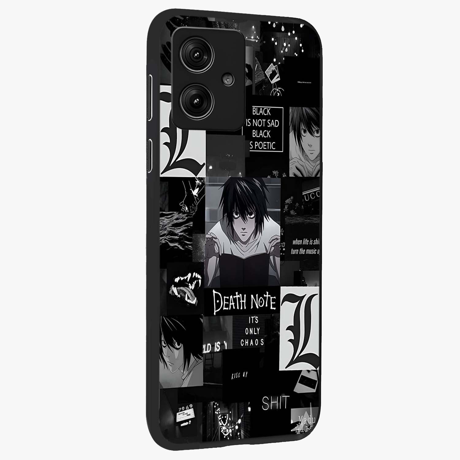 Midnight Chaos Mind Glass Case upright view showcasing expressive abstract artwork with bold dark theme.