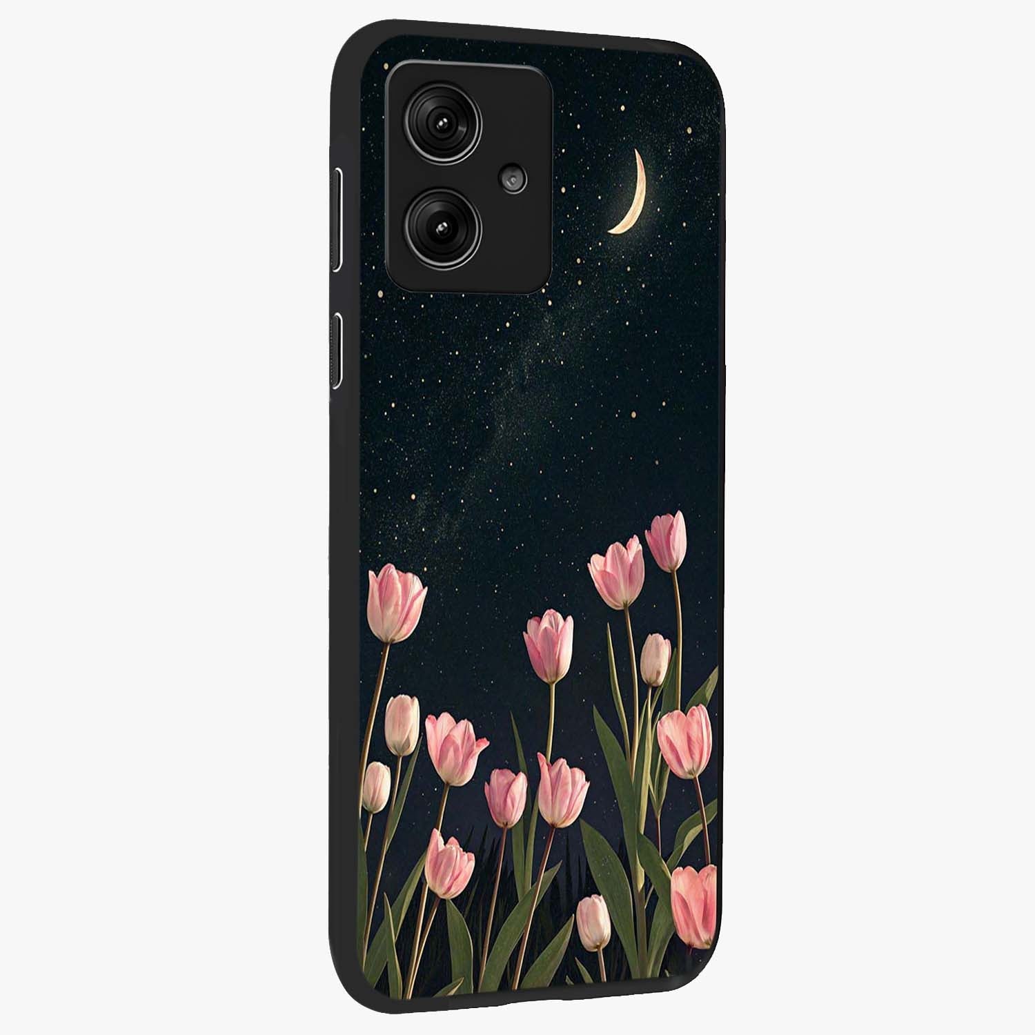 Midnight Tulip Whispers Vibe Glass Case upright view showcasing graceful tulip artwork with calm botanical theme.