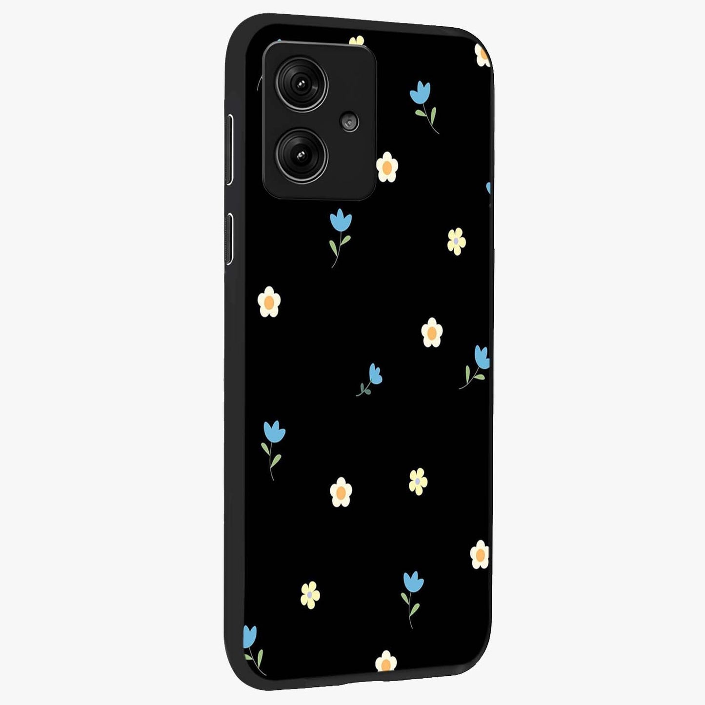 Minimal Petal Whispers Glass Case upright view showcasing elegant floral artwork with modern minimalist style.