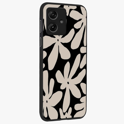 Monochrome Petal Dance Glass Case upright view showcasing artistic floral pattern with stylish monochrome theme.