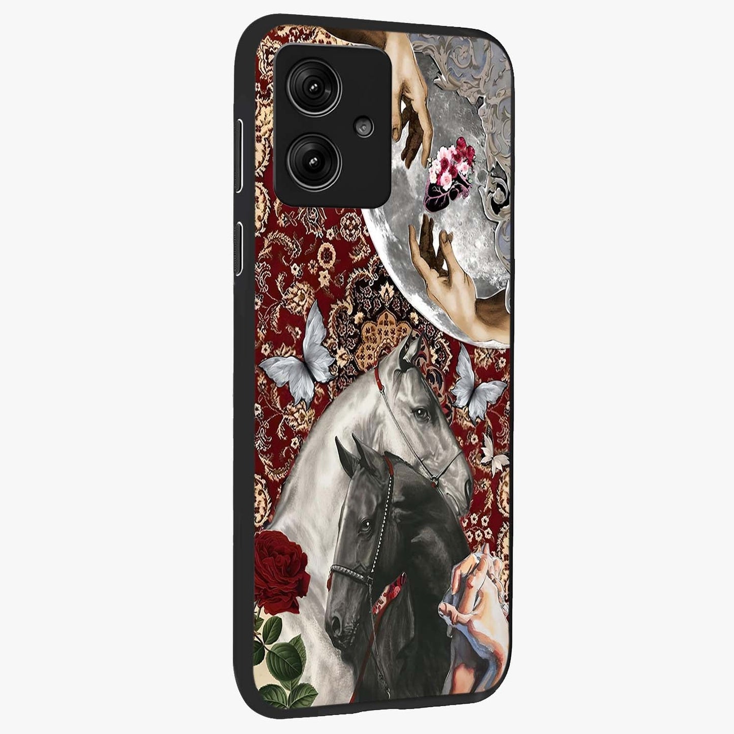 Moonlit Royal Stallion Glass Case upright view showcasing dramatic horse artwork with glowing moon themed design.
