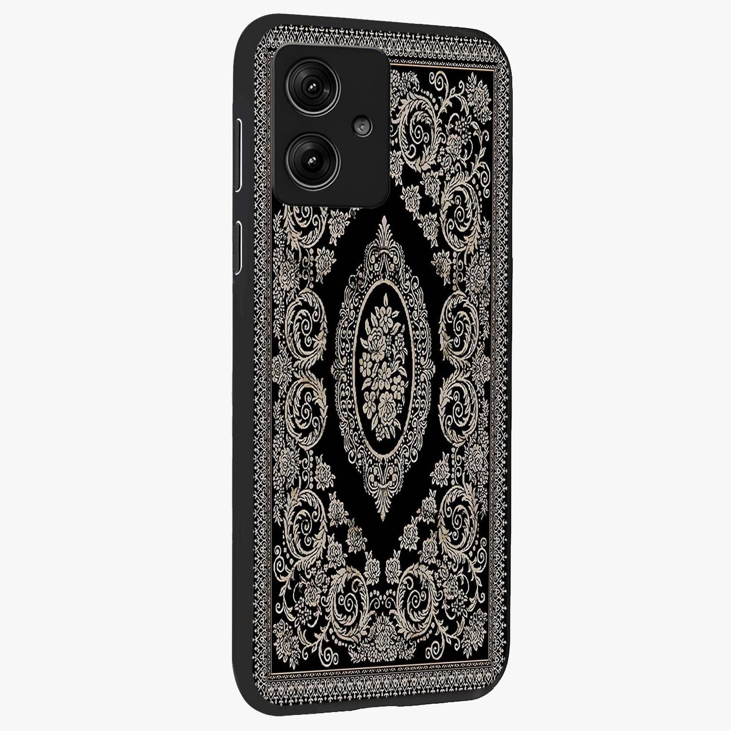 Noir Bloom Elegance Glass Case upright view showcasing graceful floral artwork with luxurious dark theme.