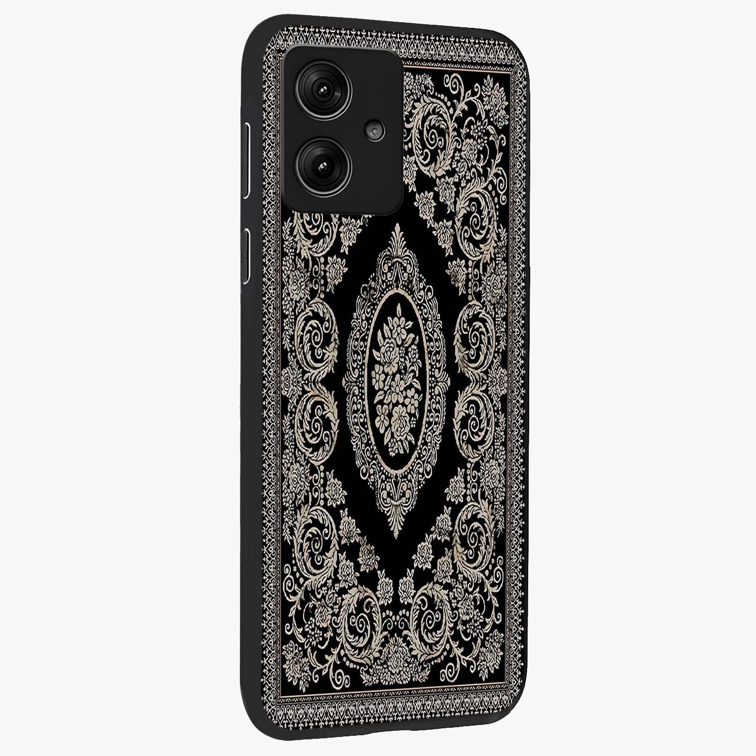 Noir Bloom Elegance Glass Case upright view showcasing graceful floral artwork with luxurious dark theme.