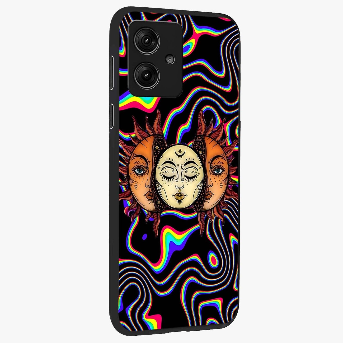 Psychedelic Sun Glass Case upright view showcasing trippy sun artwork with bold psychedelic theme.