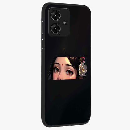 Radha Divine Embrace Glass Case upright view showcasing sacred Radha themed artwork with peaceful devotional style.