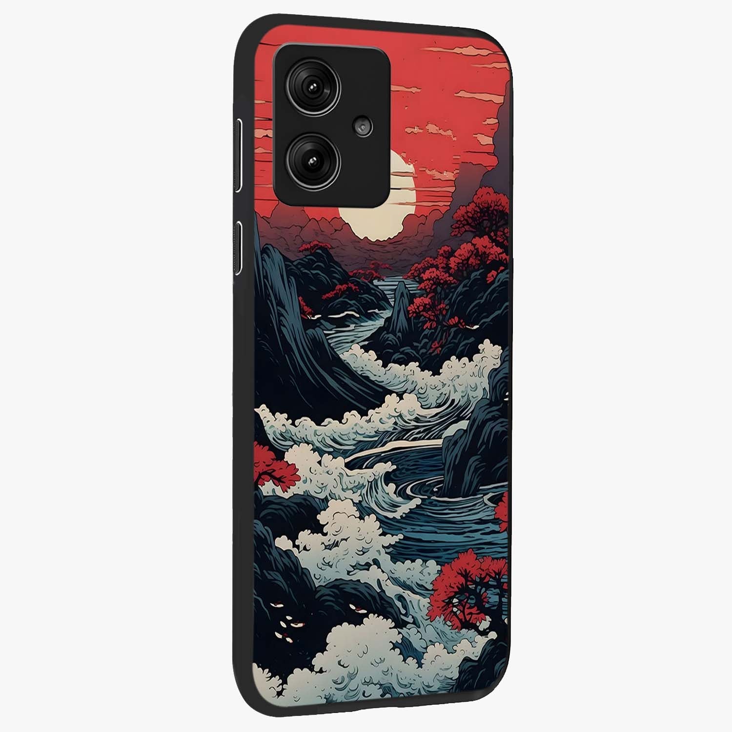 Red Sunset Scenery Glass Case upright view showcasing dramatic sunset scenery artwork with warm nature theme.
