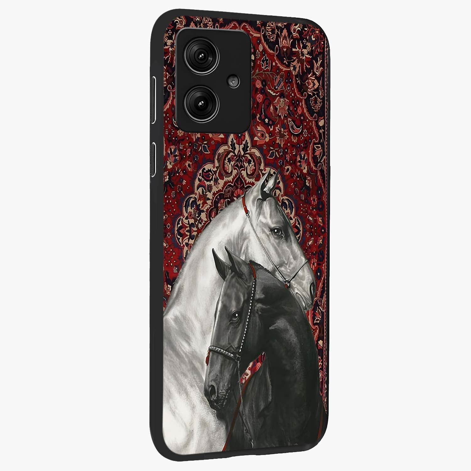 Regal Stallion Tapestry Glass Case upright view showcasing powerful horse artwork with elegant tapestry theme.