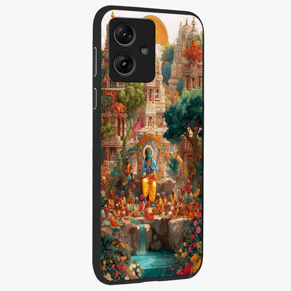 Sacred Sunlight Gods Glass Case upright view showcasing glowing divine artwork with sacred mythological theme.
