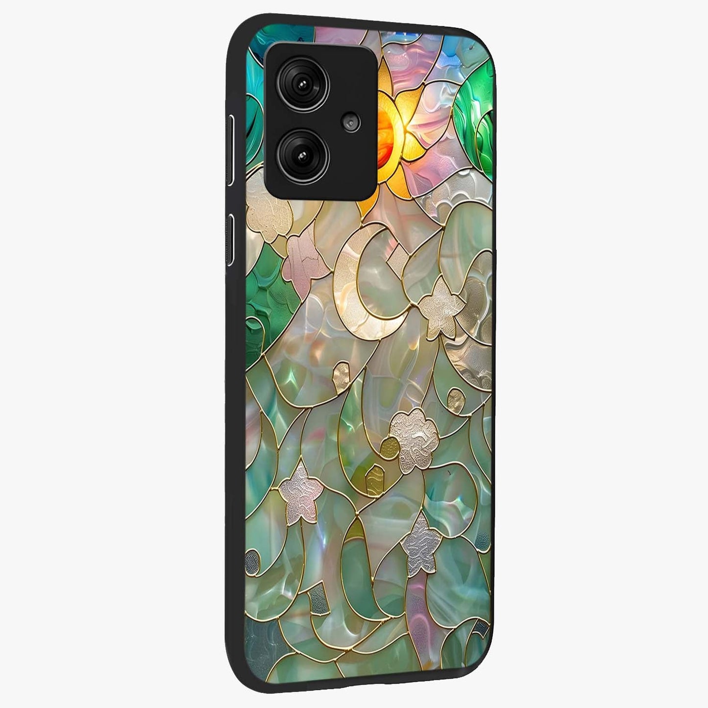 Stained Sunrise Glow Glass Case upright view showcasing colorful sunrise artwork with warm morning theme.