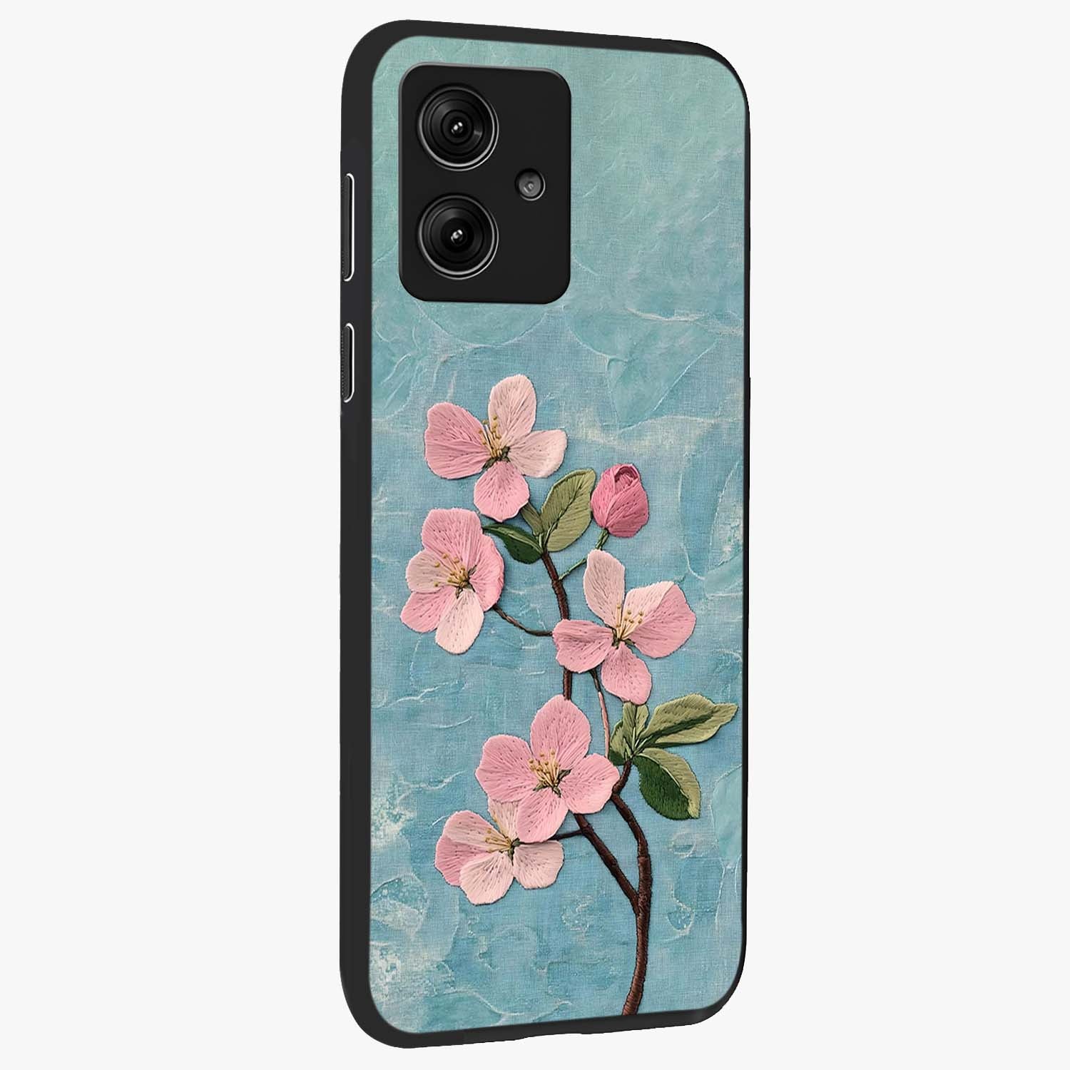 Threaded Blossom Breeze Glass Case upright view showcasing graceful flower artwork with calm botanical theme.
