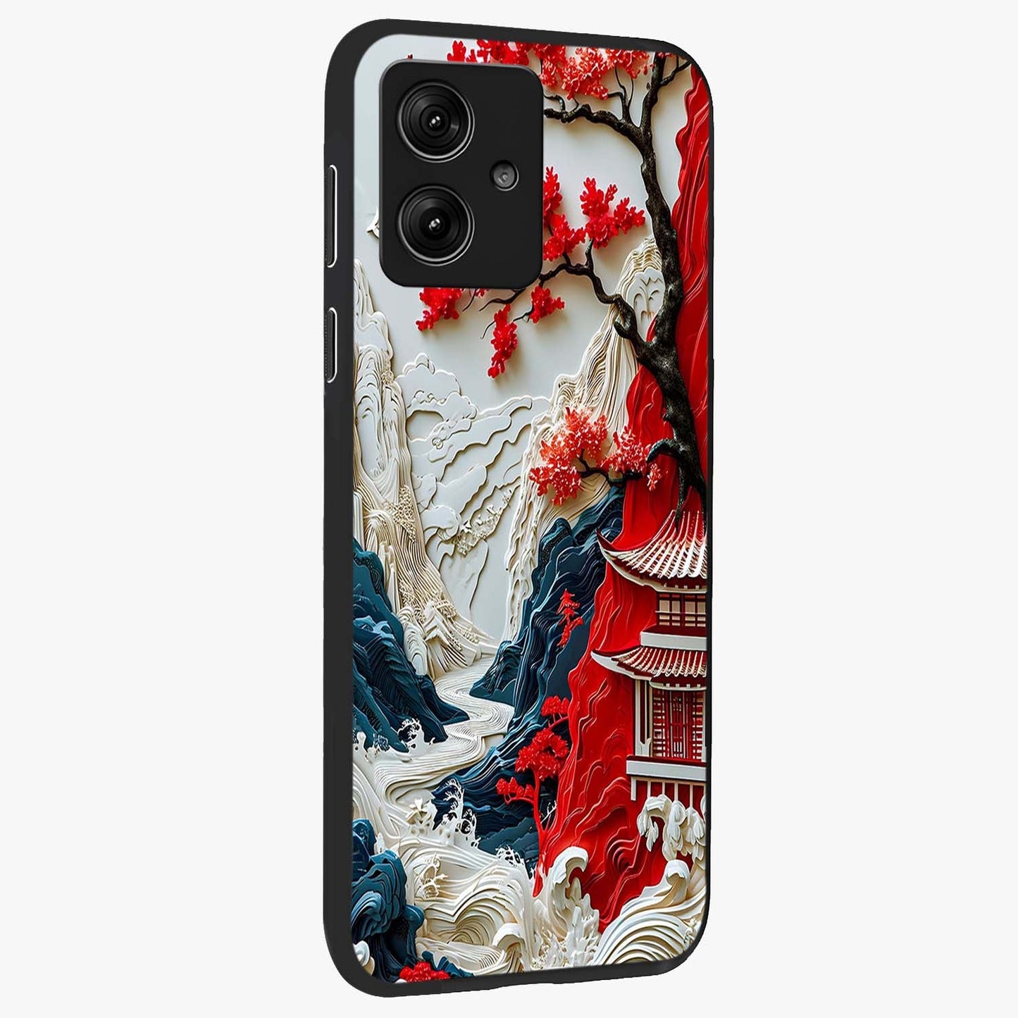 Whispers Of Sakura Waves Glass Case upright view showcasing delicate cherry blossom artwork with elegant nature theme.