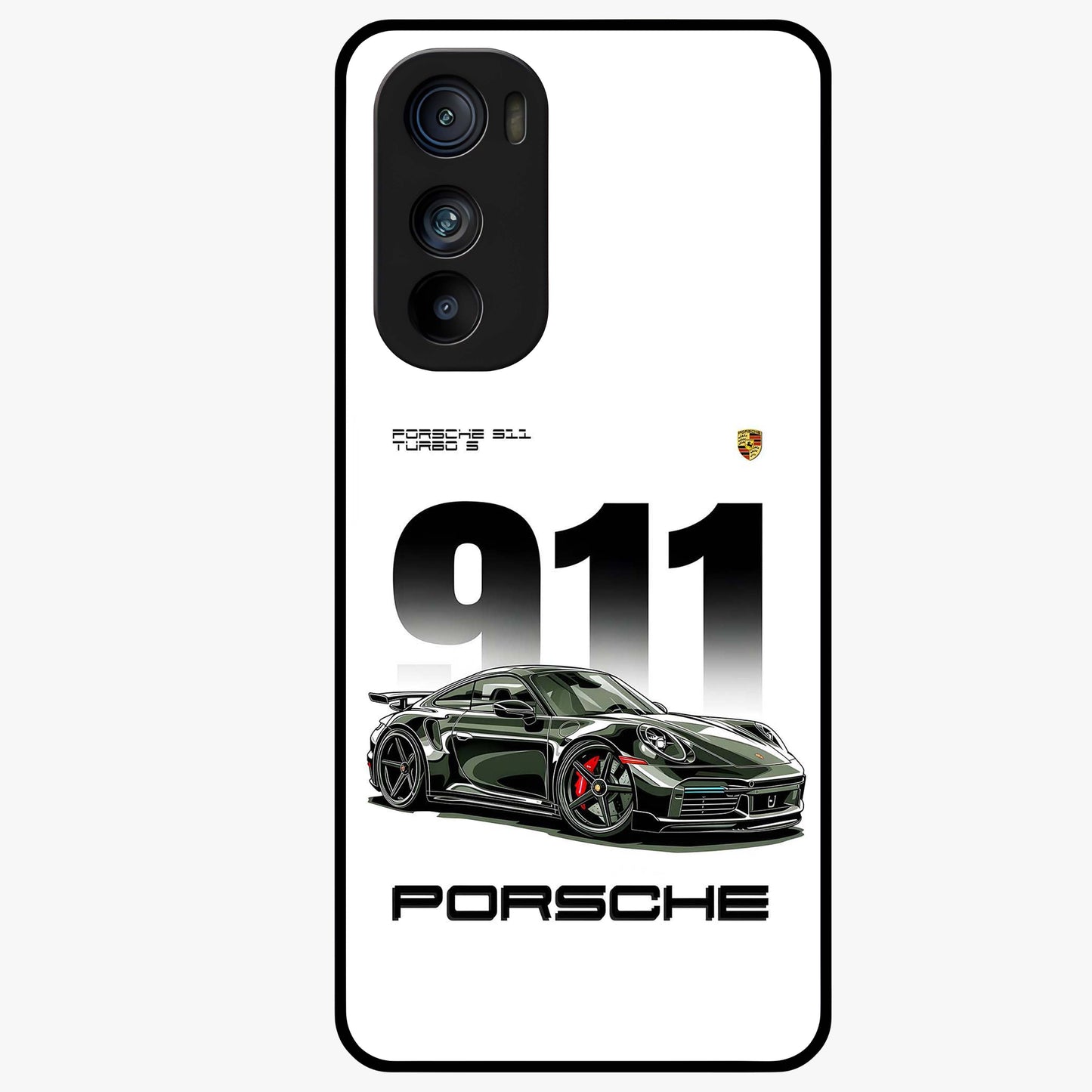 911 Turbo Dominance Glass Case showing clean flat back view with bold 911 sports car artwork and glossy glass finish.
