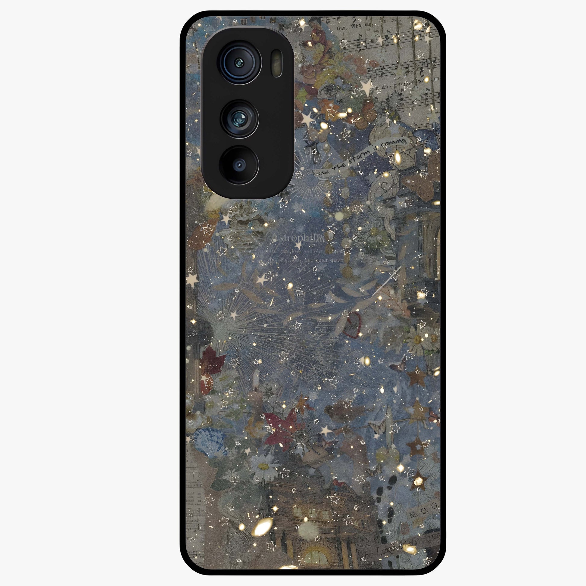 Aesthetic Astrolophia Glass Case showing flat back view with dreamy aesthetic design and glossy glass finish.