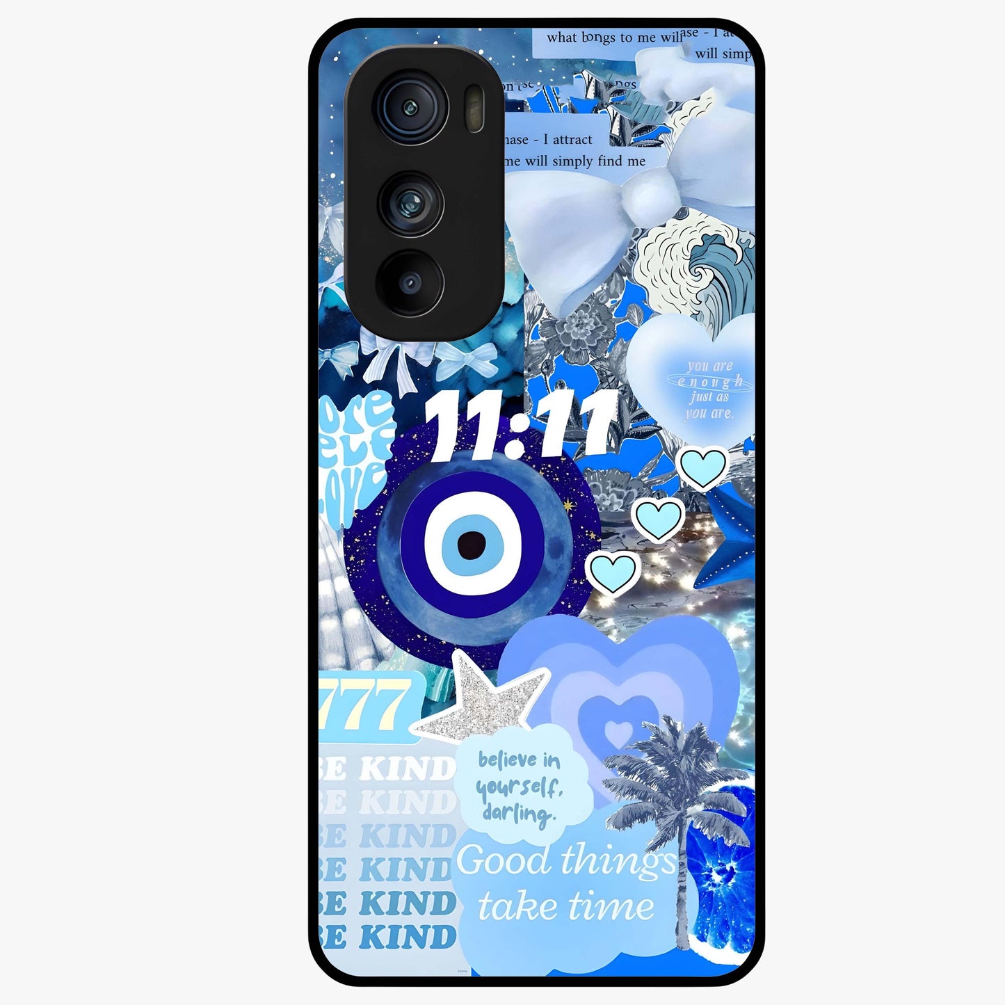 Aesthetic Be Kind Eye Glass Case showing flat back view with motivational eye artwork and glossy glass finish.