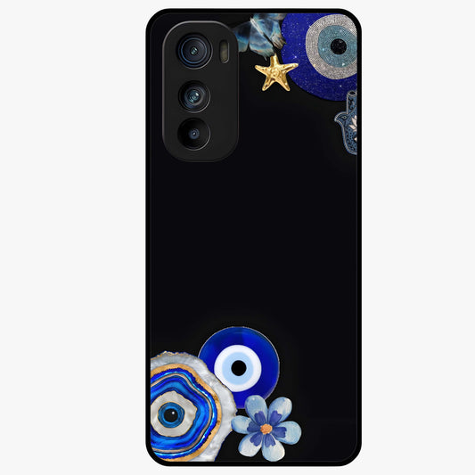 Aesthetic Blue Evil Eye Glass Case showing flat back view with protective evil eye artwork and glossy glass finish.