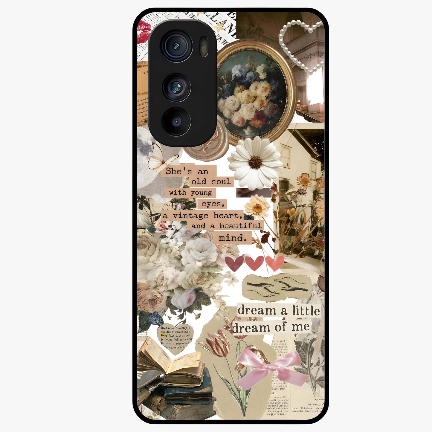 Aesthetic Brown Vintage Collage Glass Case showing flat back view with retro collage artwork and glossy glass finish.