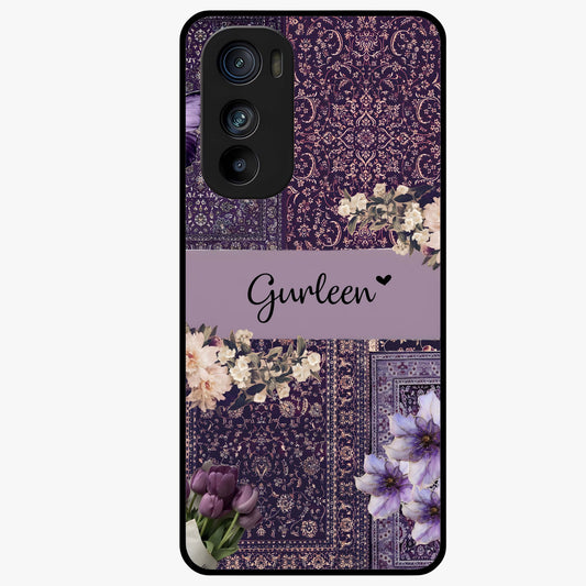 Antique Floral Whisper Custom Name Glass Case showing flat back view with vintage floral artwork and personalized name design.