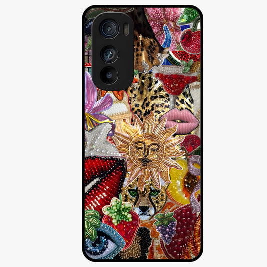 Beaded Fashion Jungle Glass Case showing flat back view with vibrant jungle inspired bead artwork and glossy glass finish.