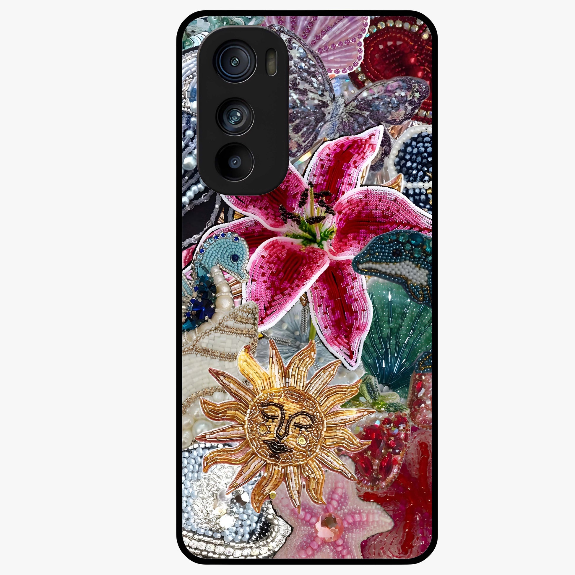 Beaded Garden Fantasy Glass Case showing flat back view with dreamy garden bead artwork and glossy glass finish.