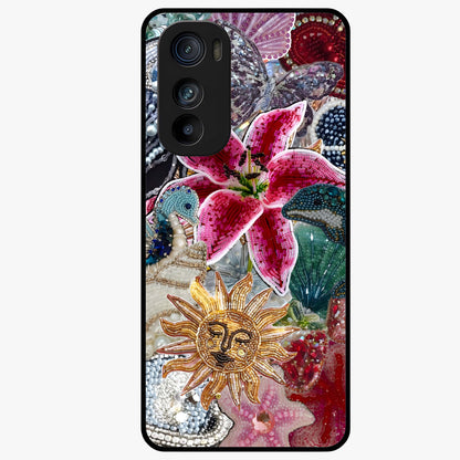 Beaded Garden Fantasy Glass Case showing flat back view with dreamy garden bead artwork and glossy glass finish.