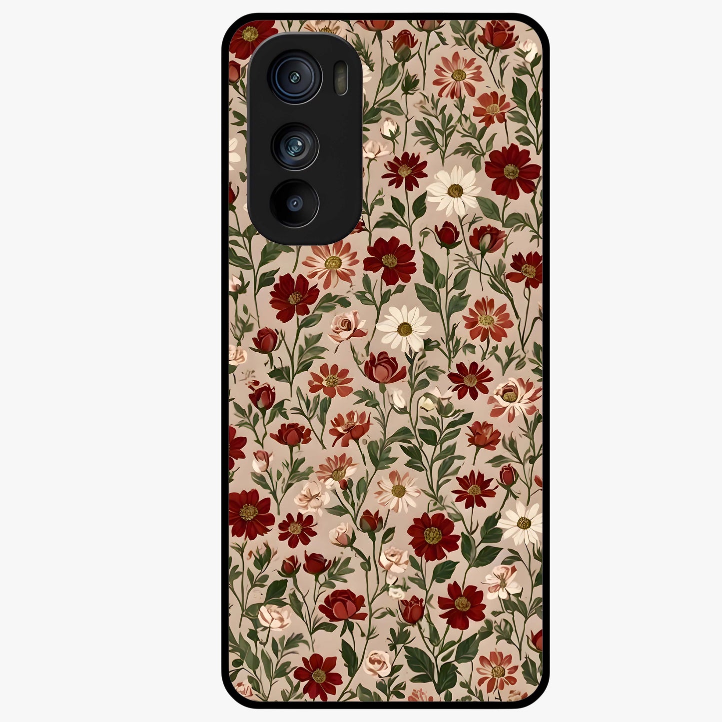 Biege Flower With Leaf Glass Case showing flat back view with soft beige floral artwork and glossy glass finish.