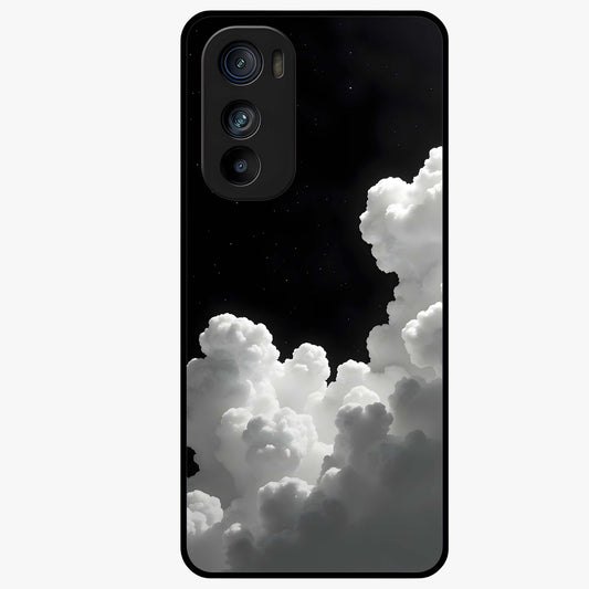 Black Background With White Cloud Glass Case showing flat back view with minimal cloud artwork on dark background and glossy glass finish.