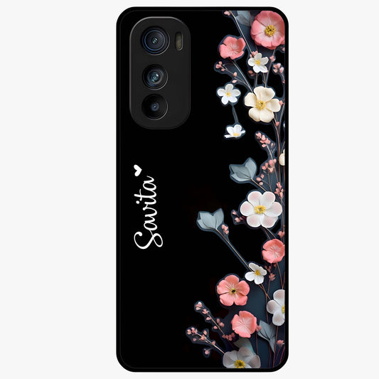 Black Elegance Floral Custom Name Glass Case showing flat back view with elegant floral artwork and personalized name design.