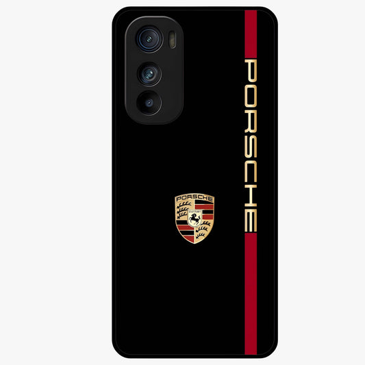 Black Minimal Porsche Glass Case showing flat back view with sleek minimal sports car artwork and glossy glass finish.