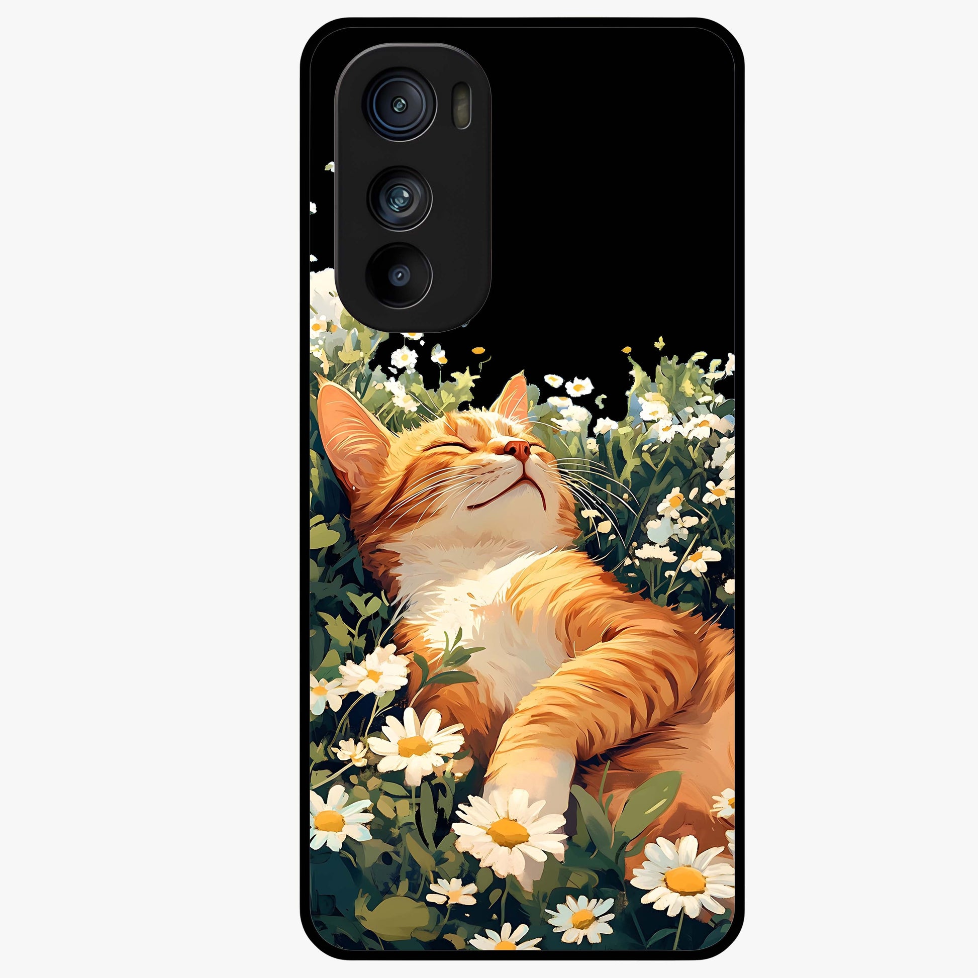 Blissful Bloom Cat Glass Case showing flat back view with cute cat and floral bloom artwork and glossy glass finish.