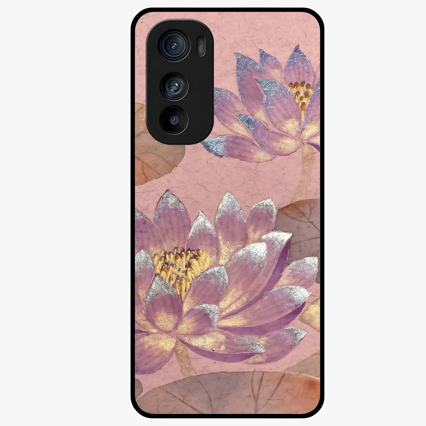 Blossom Mist Lotus Glass Case showing flat back view with serene lotus blossom artwork and glossy glass finish.