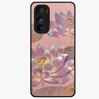 Blossom Mist Lotus Glass Case showing flat back view with serene lotus blossom artwork and glossy glass finish.